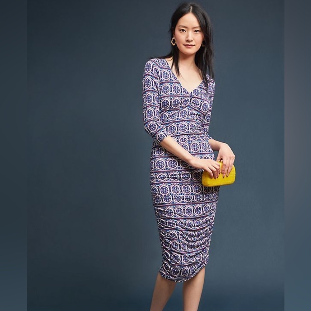 Anthropologie Moulinette Soeurs Blue Medea Ruched Midi Bodycon Dress Size L